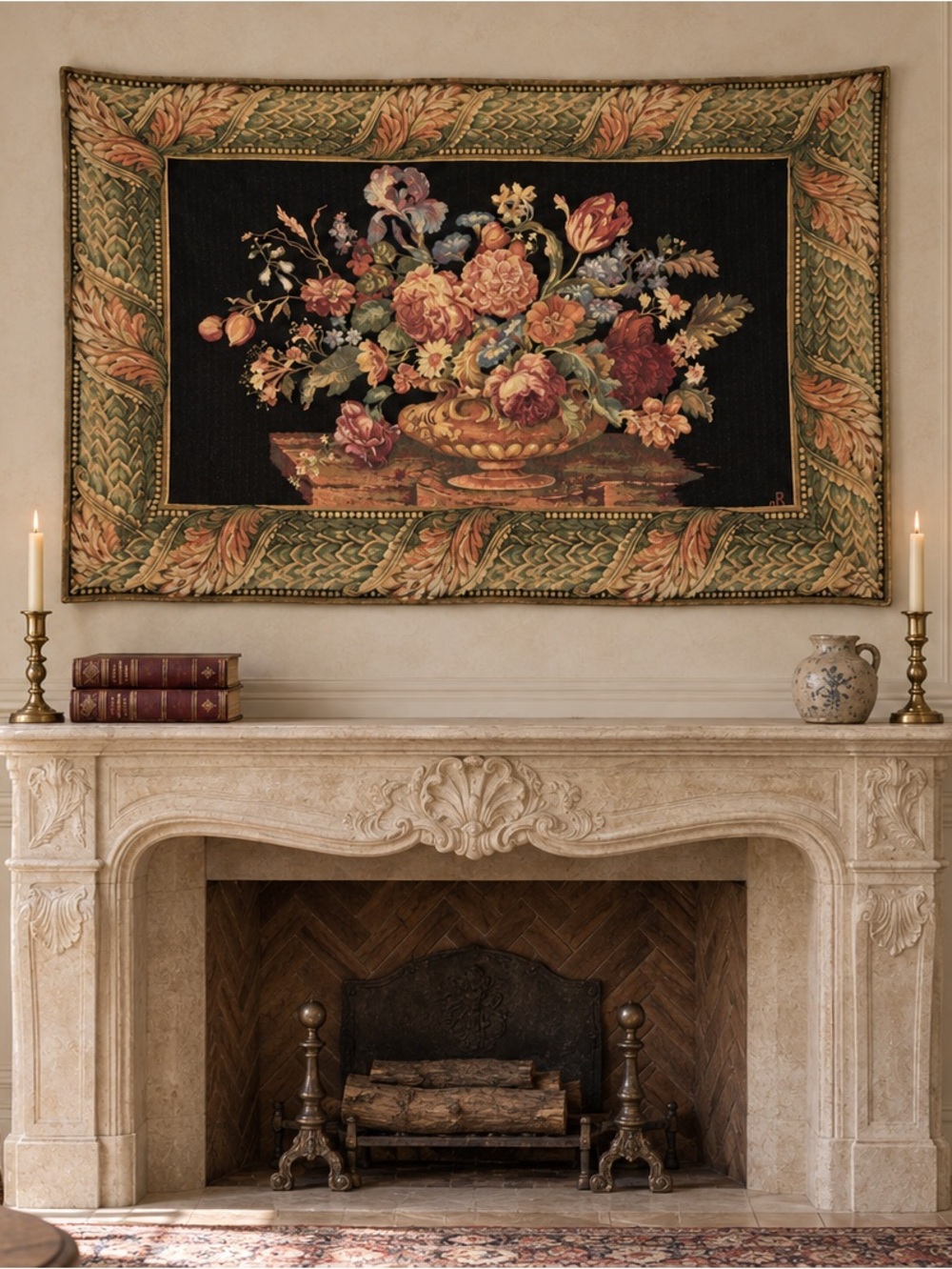 Vintage Mid Century French Style Floral Tapestry Wall Hanging 43 x 30